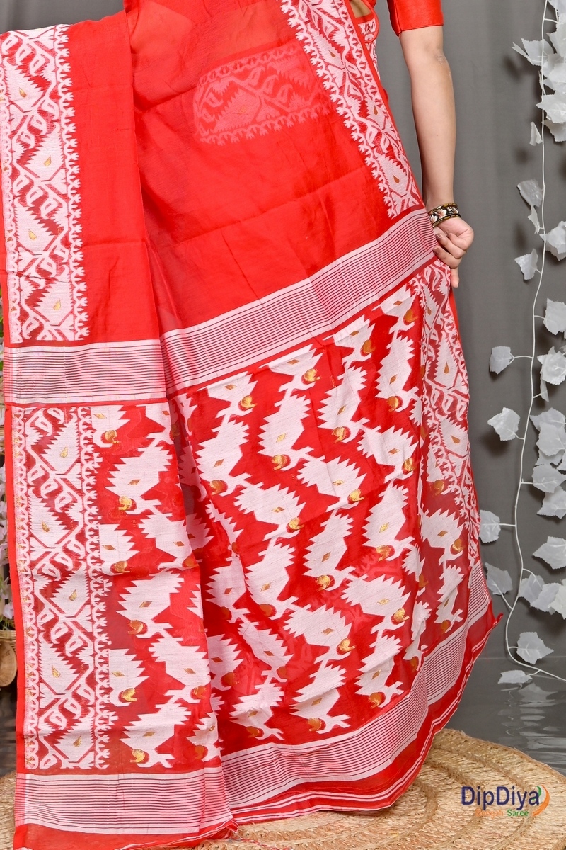 Red White Cotton Blended Parv Jamdani Saree (559)
